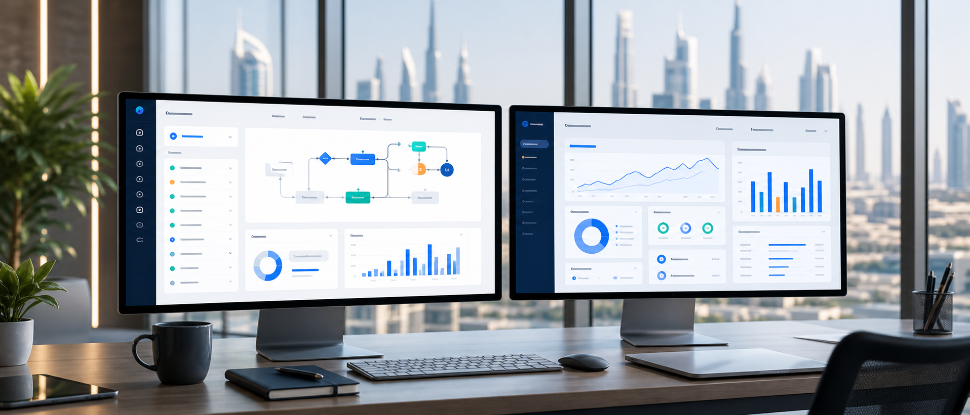 AI-ready software dashboards and workflow interfaces on office monitors