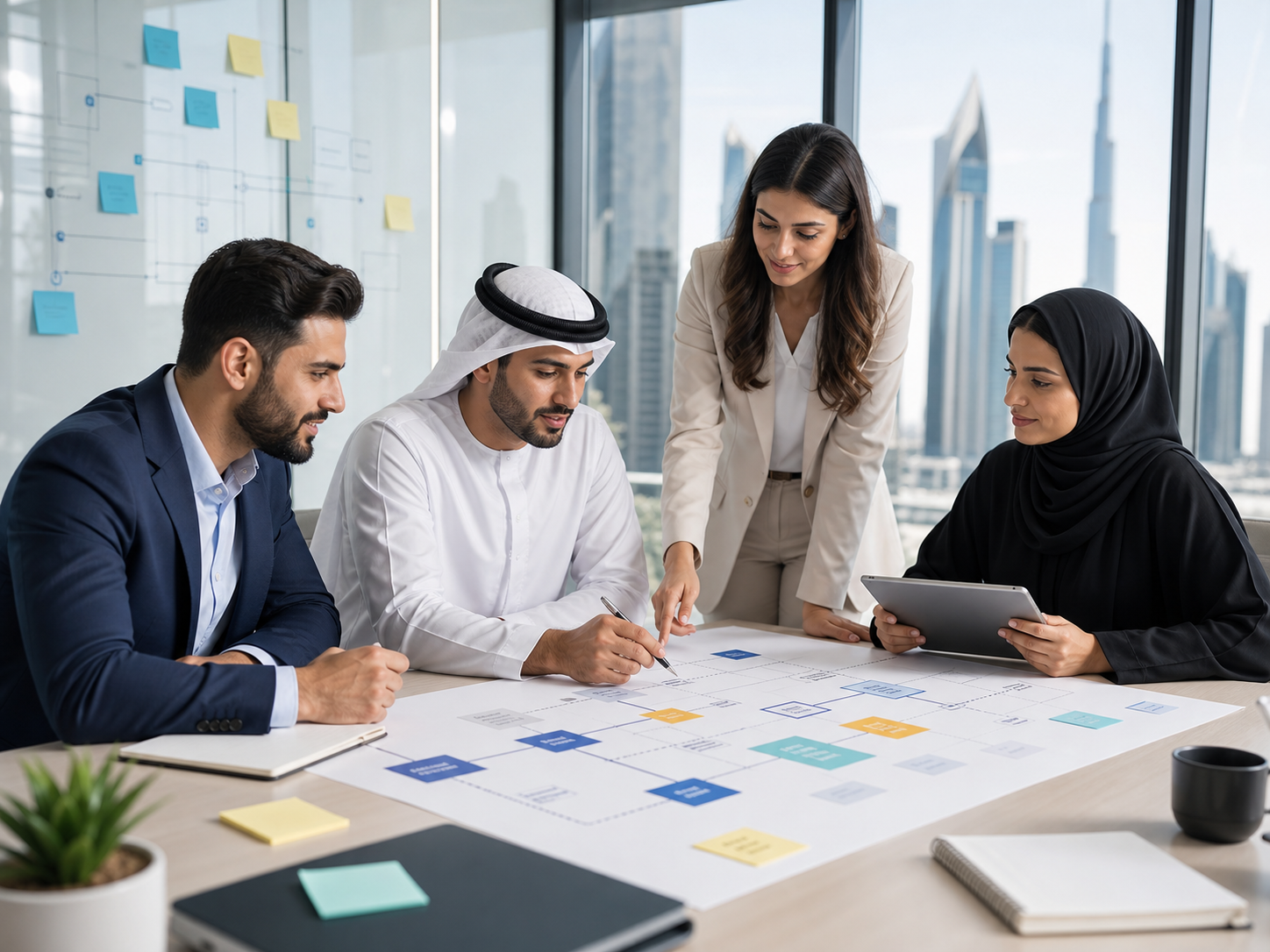 Business team planning an automation roadmap on a whiteboard