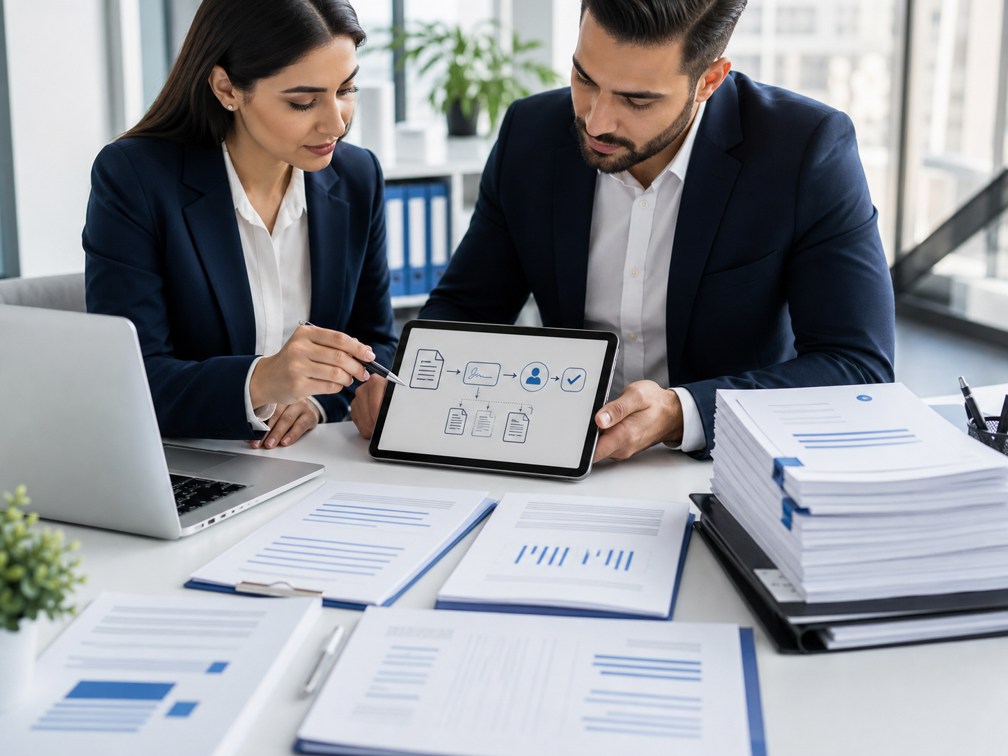 Business user reviewing document approval workflow