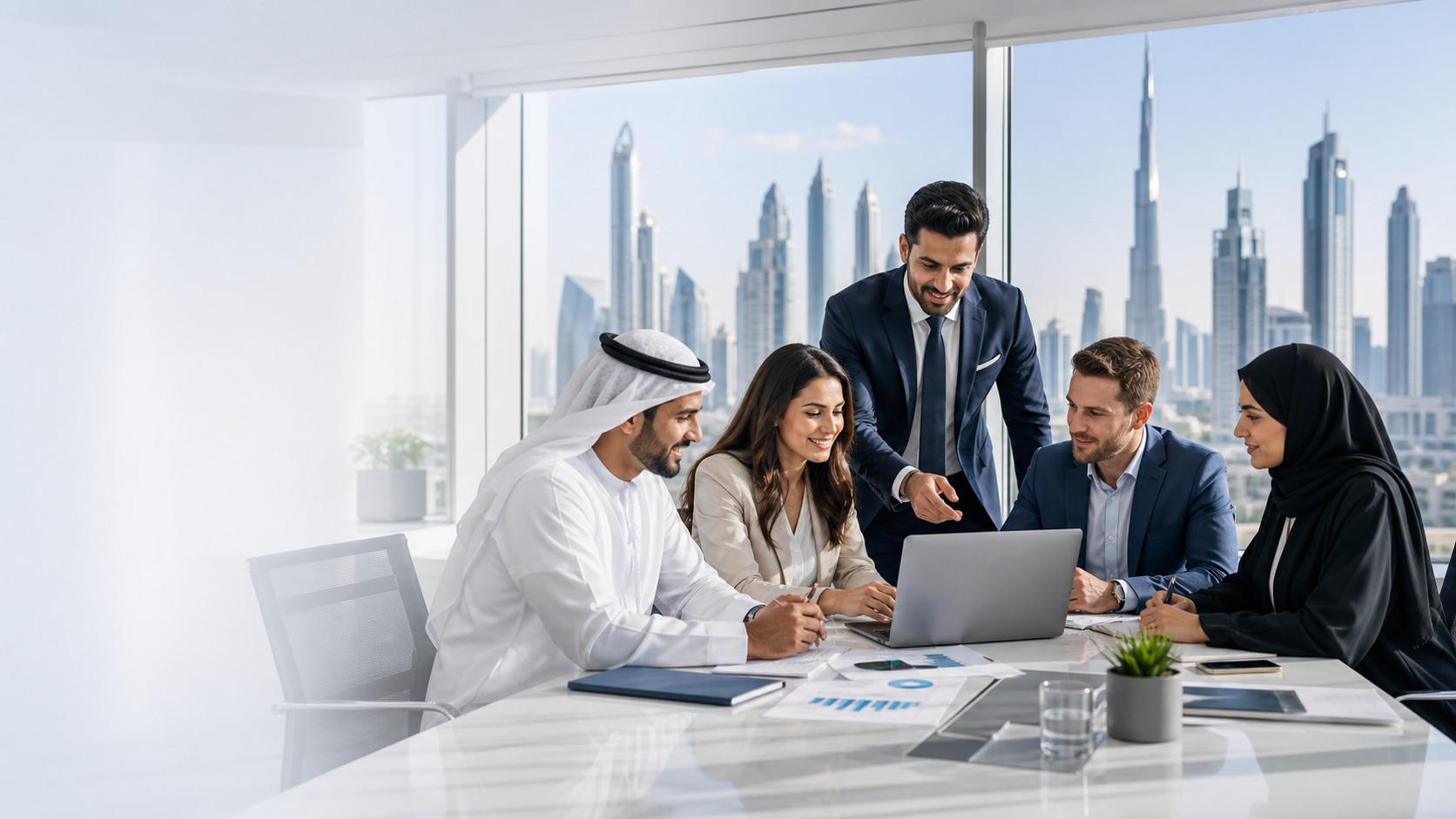 Gulf business team reviewing workflow automation around a laptop in a Dubai office
