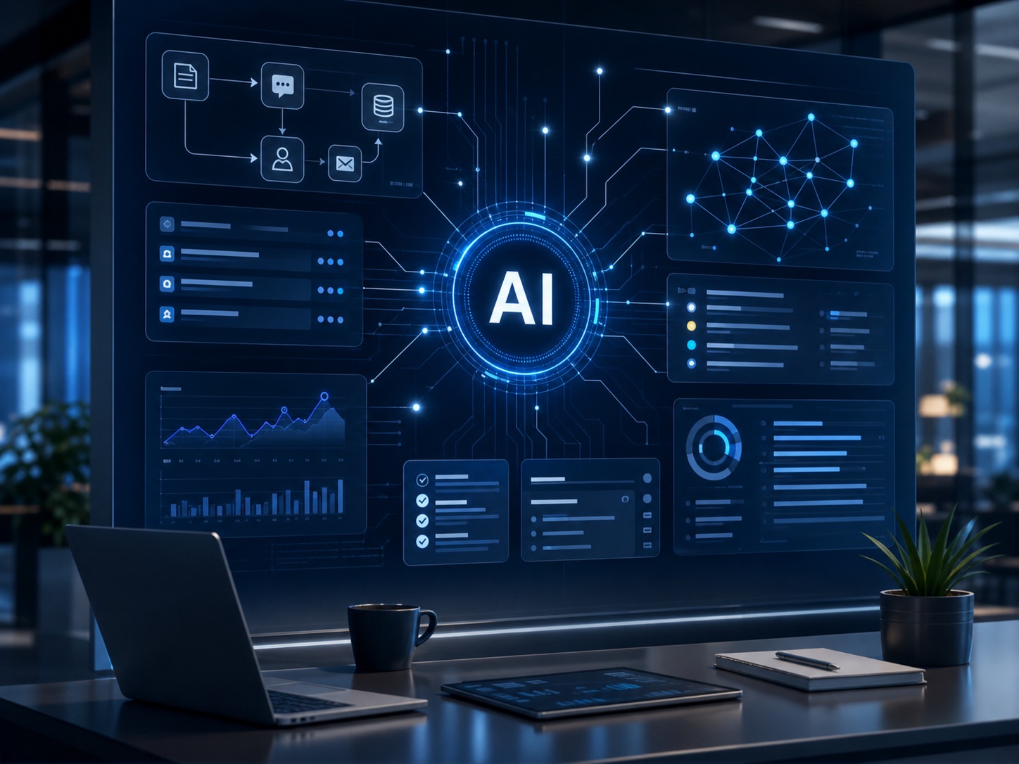 Practical AI operations dashboard with connected workflow panels