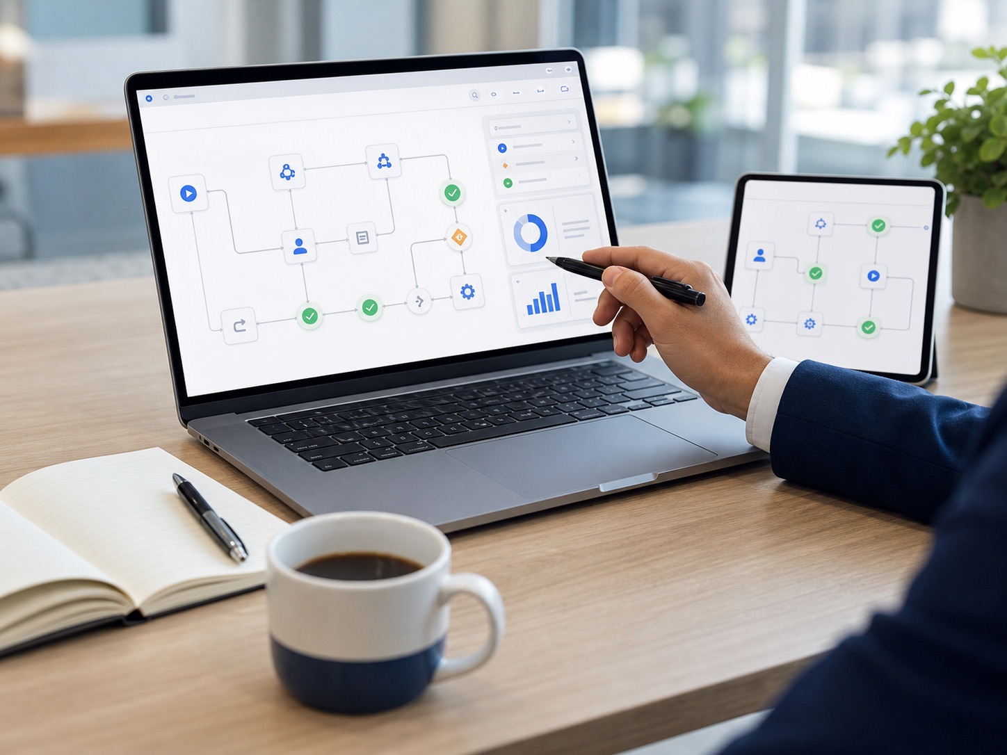 Workflow automation map on a laptop in a modern office