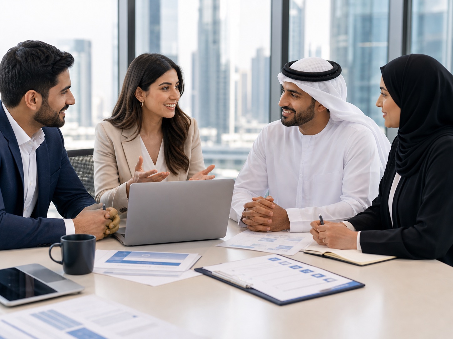 Client success team discussing delivery and handover in a Dubai office