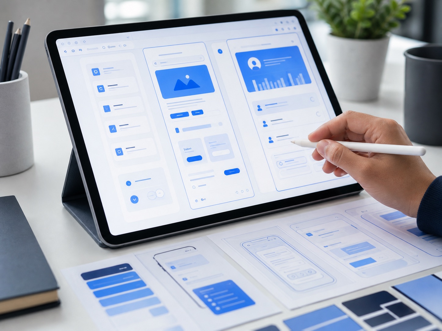 Designer reviewing blue and white UI layouts on a tablet