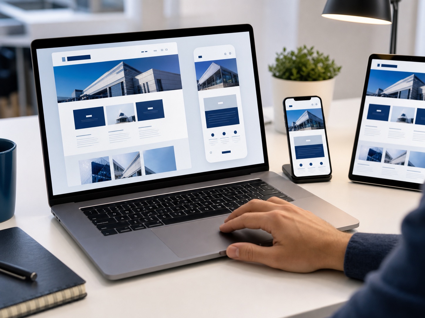 Responsive website layouts on laptop, phone, and tablet