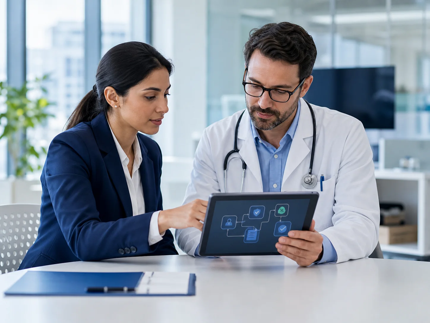 Clinician and operations leader reviewing a governance workflow on a tablet