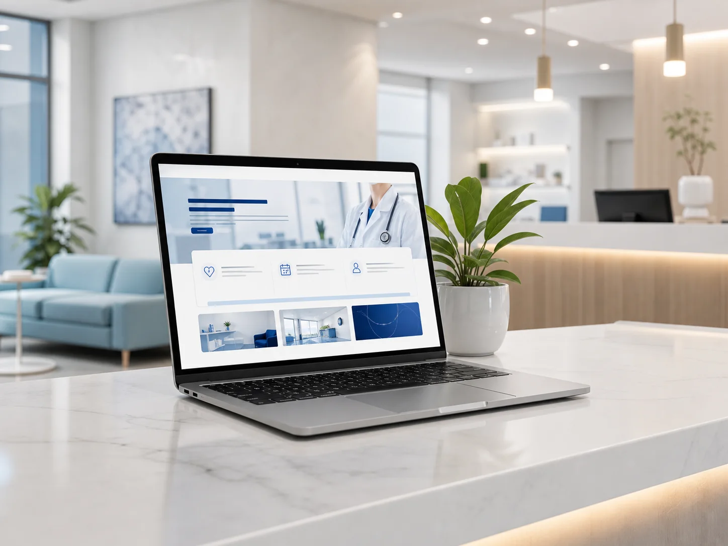 Laptop showing a generic healthcare website interface in a clinic reception