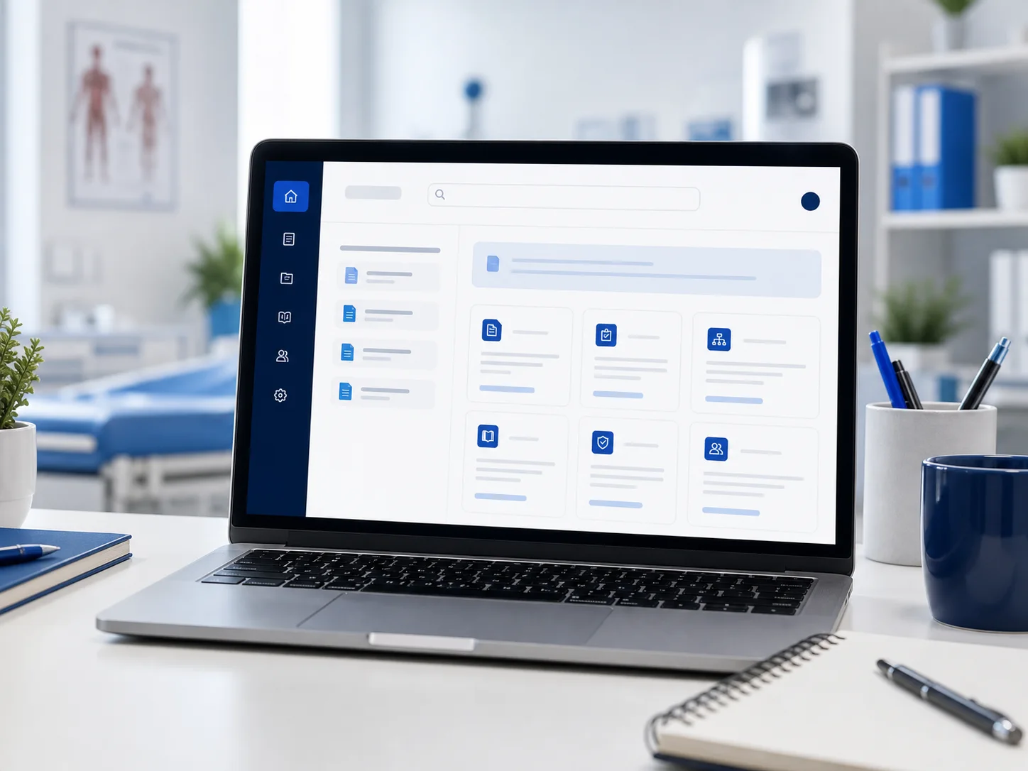 Laptop showing a generic internal knowledge base interface for healthcare teams