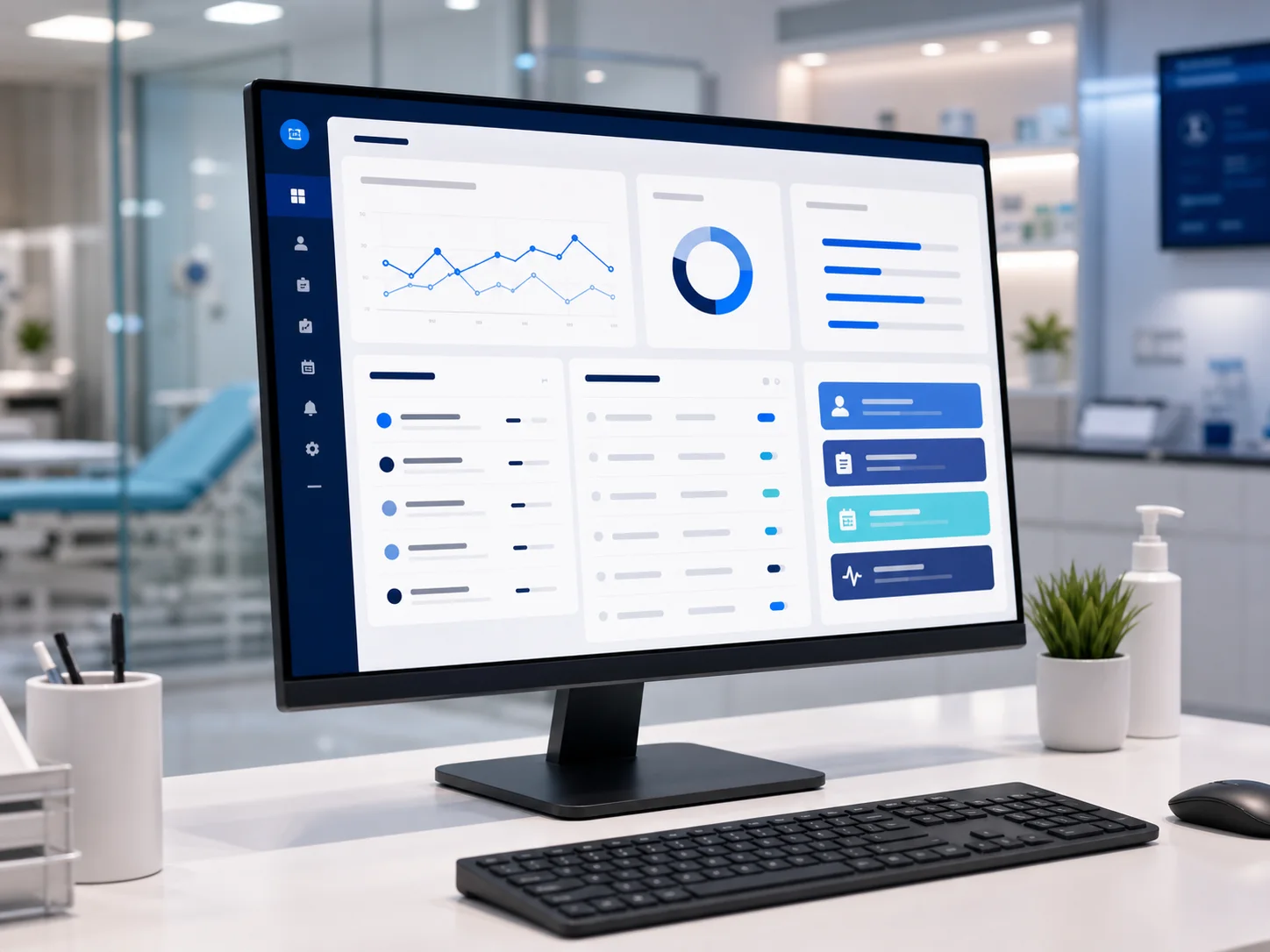 Clinic operations monitor showing generic dashboard charts and workflow cards