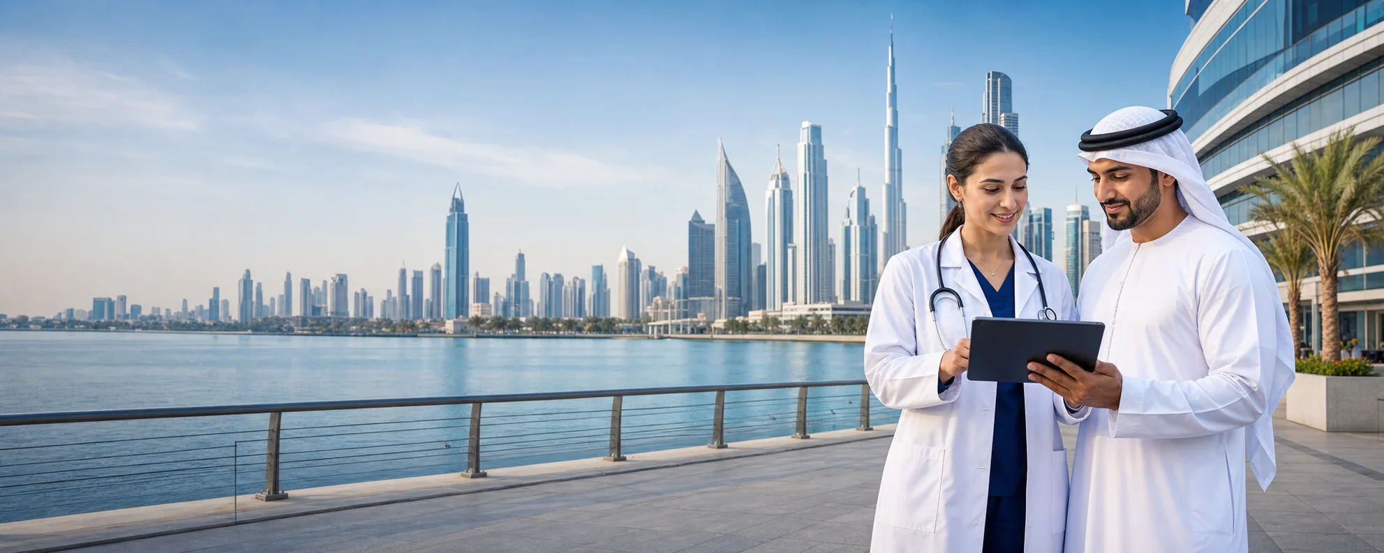 Healthcare professional and Gulf business leader reviewing a digital roadmap near a Dubai skyline