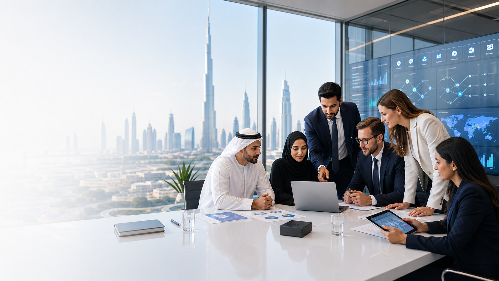 UAE professionals reviewing sector workflows and dashboards
