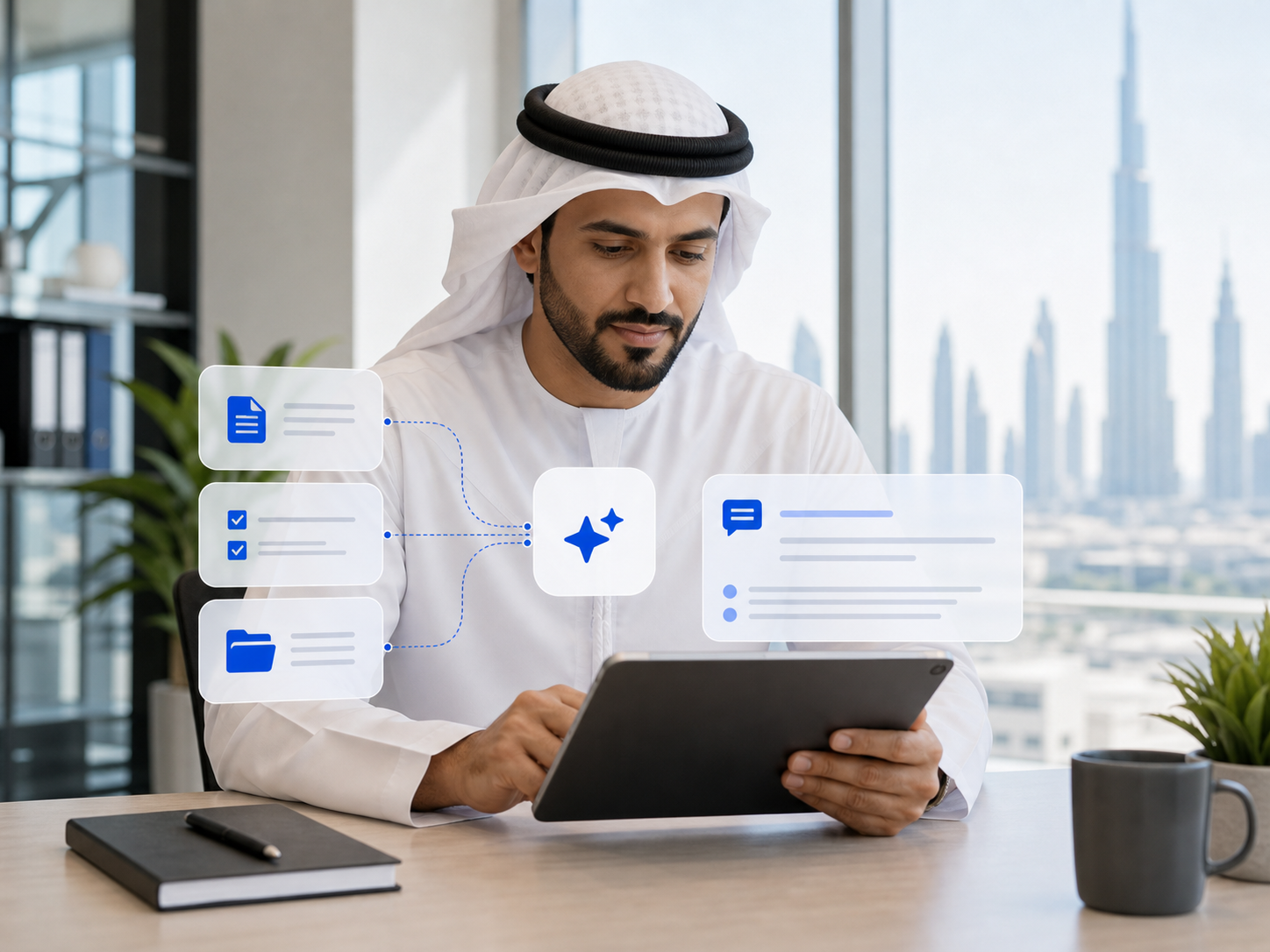 Professional using AI assistance for workflow and knowledge support