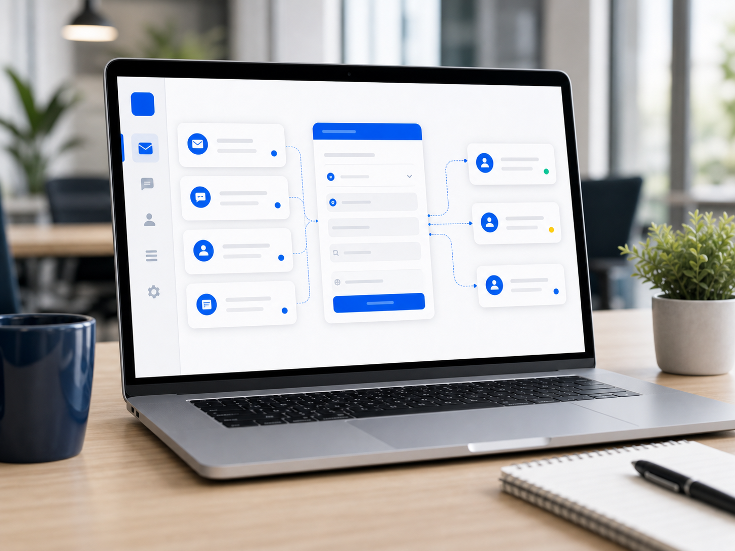 Laptop showing a structured request capture workflow in a modern office