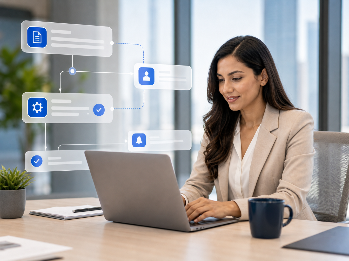 Business user managing workflow automation on a laptop