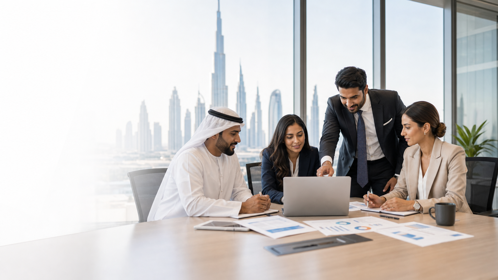 Business team reviewing intelligent workflow systems in a Dubai office