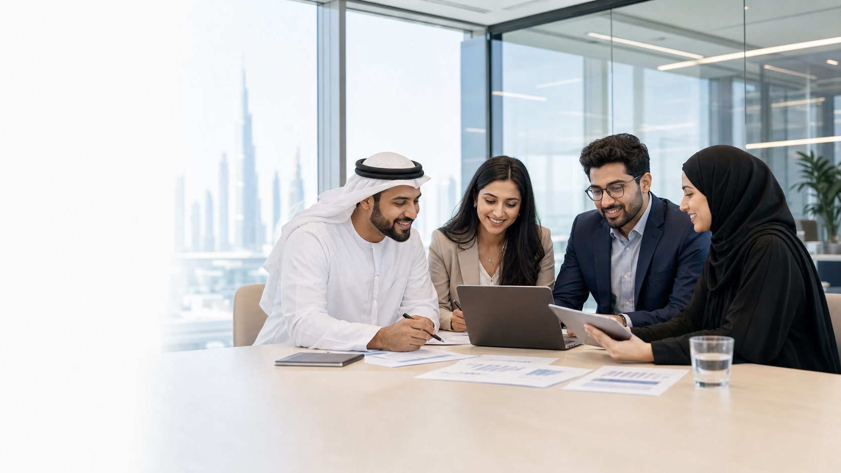 Business team reviewing internal documents and knowledge workflows in a modern Dubai office