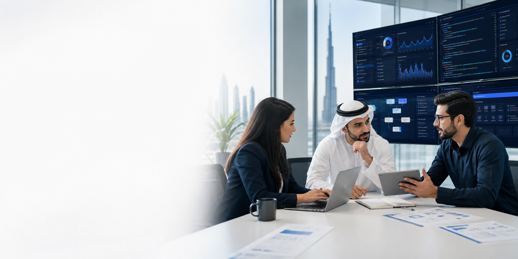 Digitbite managed support review meeting with dashboards in a Dubai office
