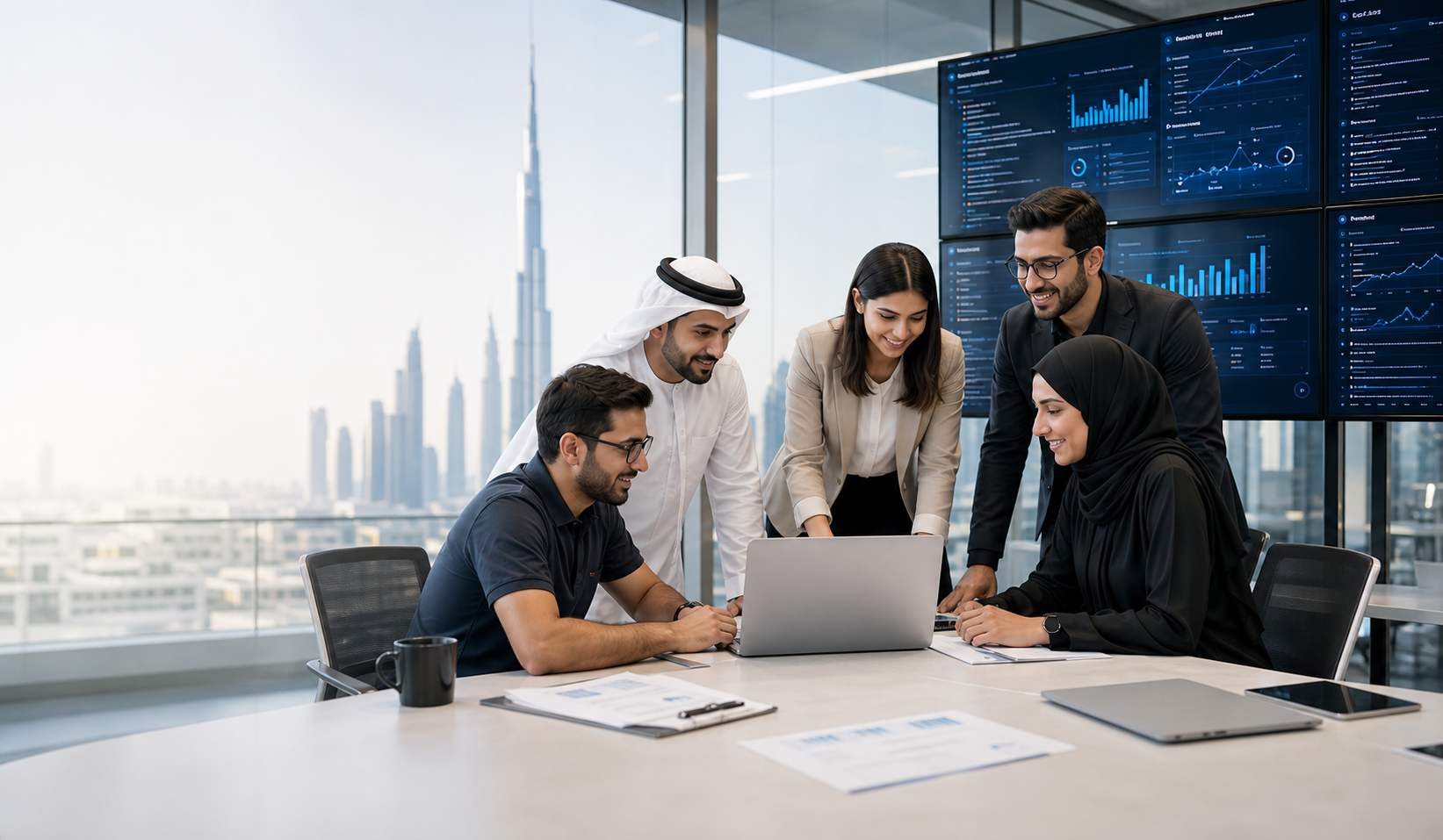Gulf business team reviewing managed digital support systems in a Dubai office