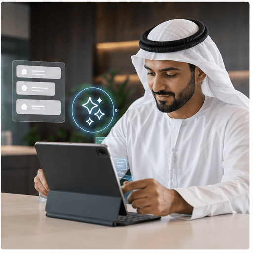 Gulf professional using AI assistance on a tablet for client workflow support
