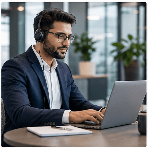 Professional support consultant handling client enquiry workflows on a laptop