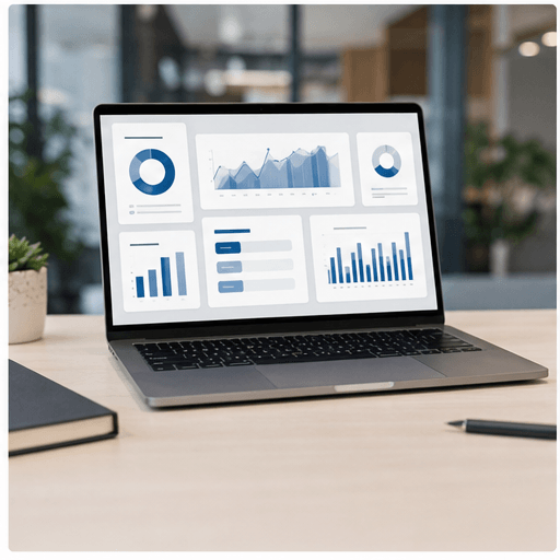 Laptop showing generic dashboard charts for professional services reporting