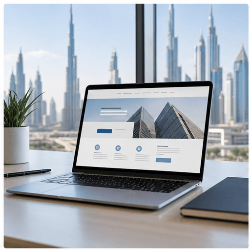 Laptop showing a generic professional services website in a Dubai office