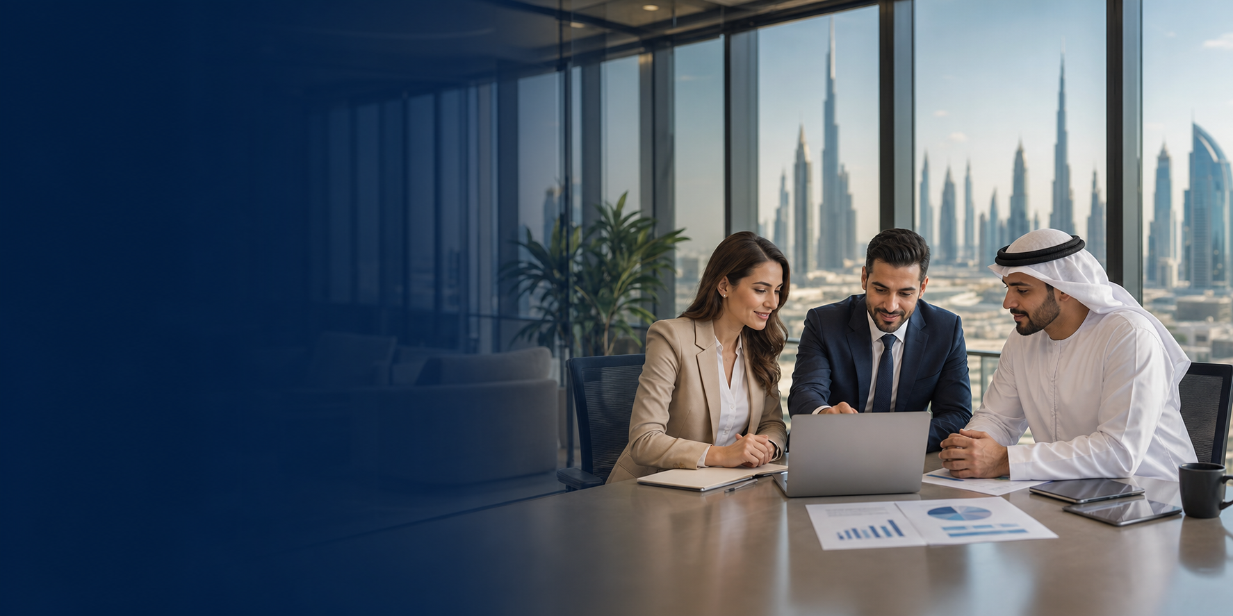 Professional services leaders reviewing a digital roadmap in a Dubai office