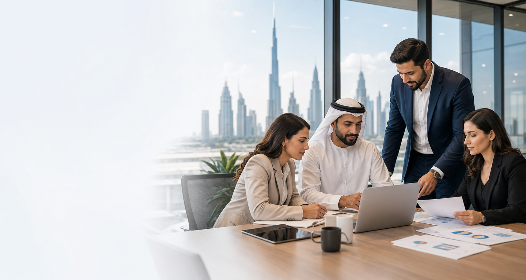 Professional services team reviewing client workflows, documentation, and reporting in a Dubai office