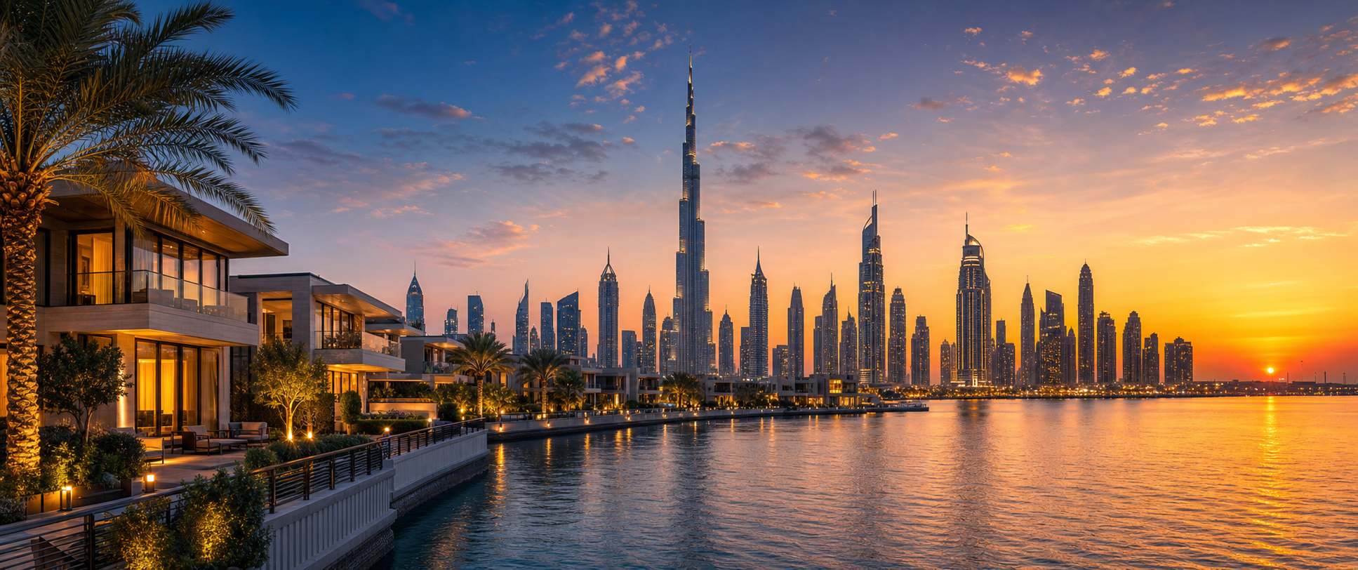 Dubai skyline and waterfront property development at sunset