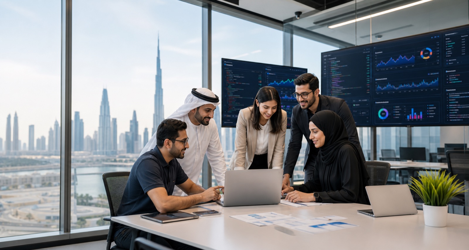 Technology and SaaS team reviewing product dashboards, code, and AI-ready systems in a UAE office