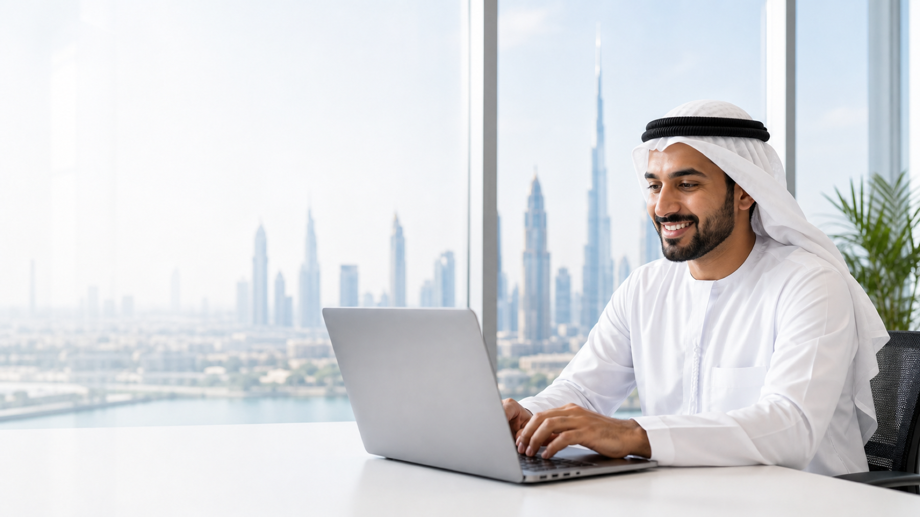 Gulf business professional using a laptop beside a city skyline