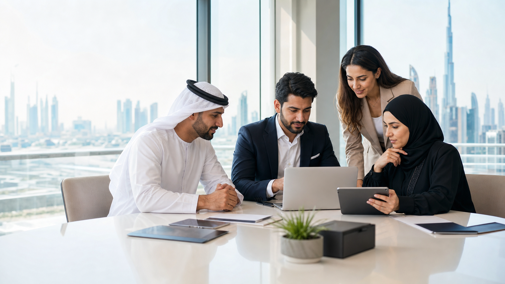 Gulf business team reviewing a website development plan in a bright office